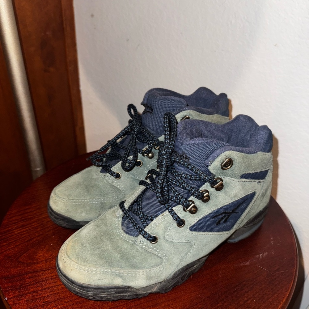 Vintage Green Reebok Hexalite Hiking Camping Boots Blue Suede Leather 7 View 3